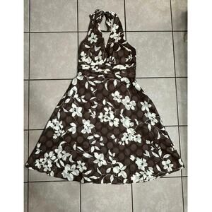 VTG Baby Doll Halter Floral Print Y2K Midi Dress Women 14 Neutral Brown Grunge